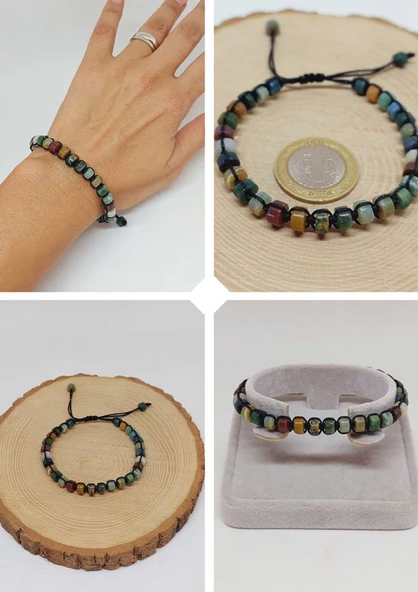 Akik Taşı Rondela Kesim Makrome Tasarım Unisex Bileklik (49344) ürün görseli