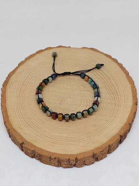 Akik Taşı Rondela Kesim Makrome Tasarım Unisex Bileklik (49344) - Resim 5