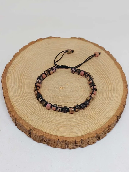 Rodonit Taşı Rondela Kesim Makrome Tasarım Unisex Bileklik (49346) - Resim 5