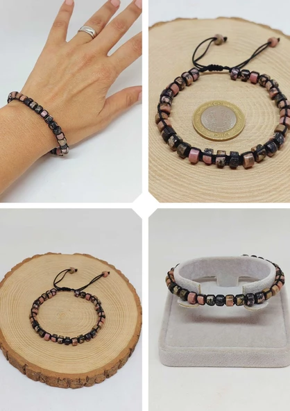 Rodonit Taşı Rondela Kesim Makrome Tasarım Unisex Bileklik (49346) ürün görseli