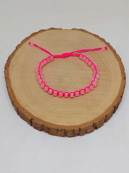 Pembe Kuvars Taşı Rondela Kesim Makrome Tasarım Unisex Bileklik (49358) - Resim 5