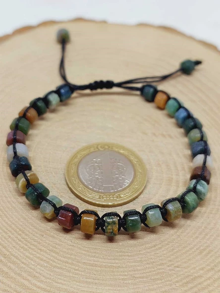 Akik Taşı Rondela Kesim Makrome Tasarım Unisex Bileklik (49344) - Resim 3