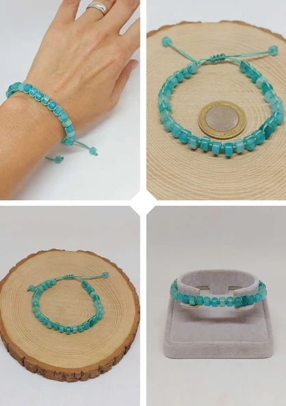 Amazonit Taşı Rondela Kesim Makrome Tasarım Unisex Bileklik (49350) ürün görseli