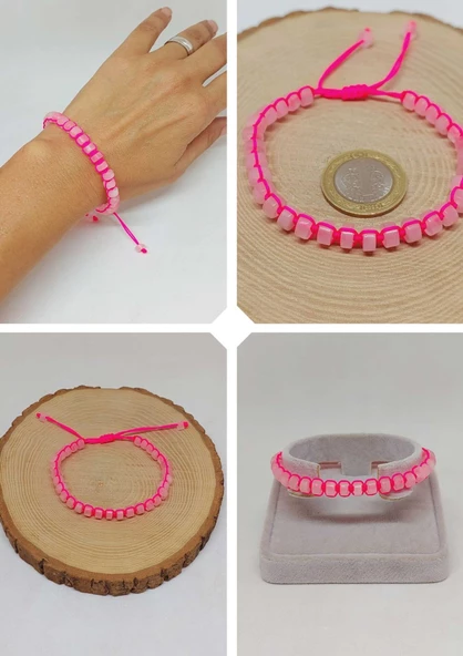 Pembe Kuvars Taşı Rondela Kesim Makrome Tasarım Unisex Bileklik (49358) ürün görseli