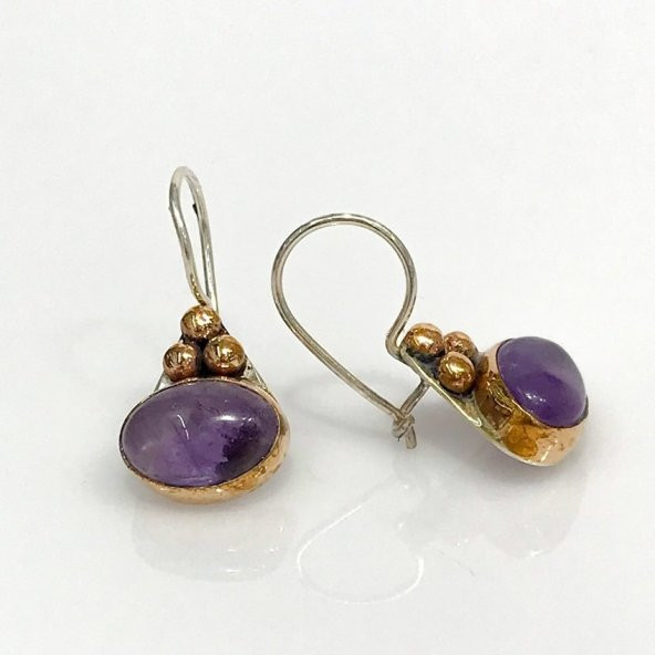 Doğal Ametist Taş Tamamı El Üretimi Gümüş Küpe - 2