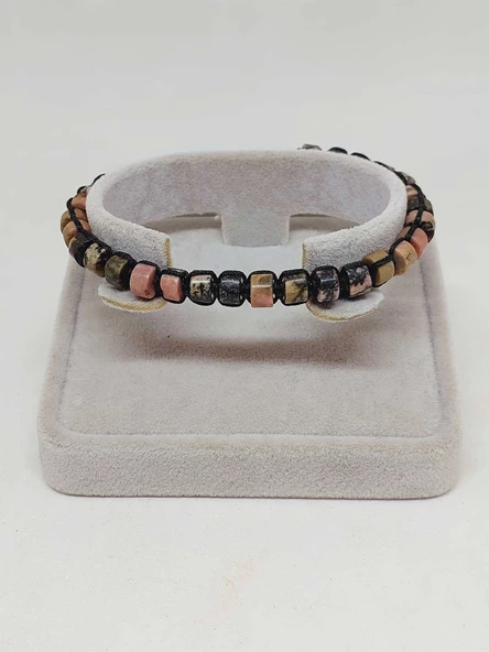 Rodonit Taşı Rondela Kesim Makrome Tasarım Unisex Bileklik (49346) - Resim 4