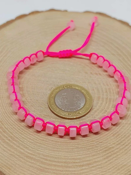 Pembe Kuvars Taşı Rondela Kesim Makrome Tasarım Unisex Bileklik (49358) - Resim 3