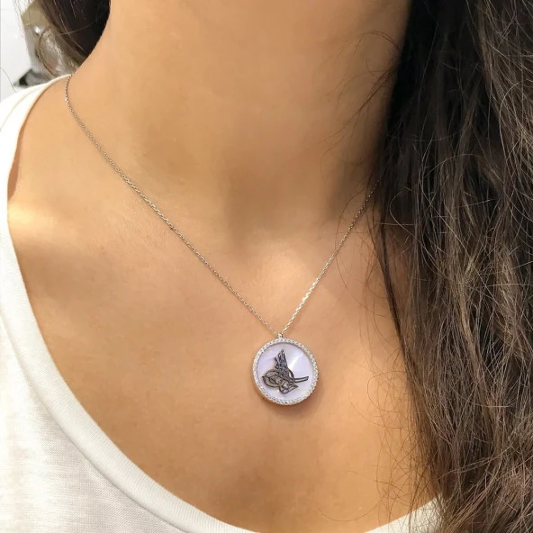 Tuğra Madalyon Sedef Taş Altın Modeli Gümüş Kolye - Resim 2