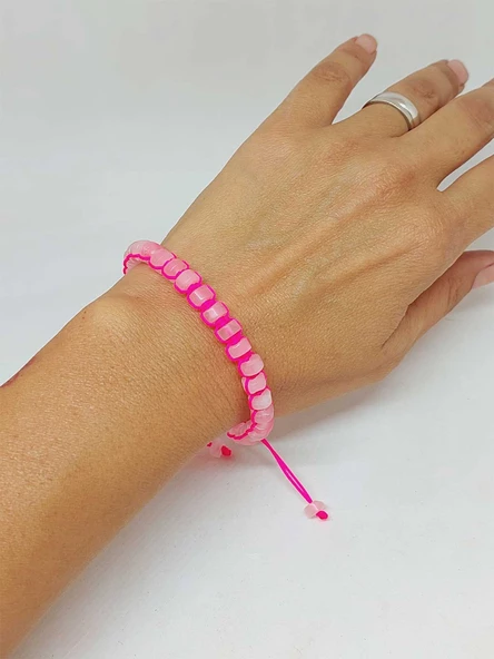 Pembe Kuvars Taşı Rondela Kesim Makrome Tasarım Unisex Bileklik (49358) - Resim 2