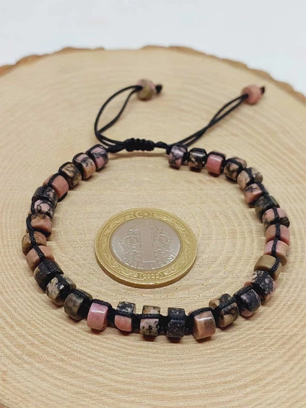 Rodonit Taşı Rondela Kesim Makrome Tasarım Unisex Bileklik (49346) - Resim 3