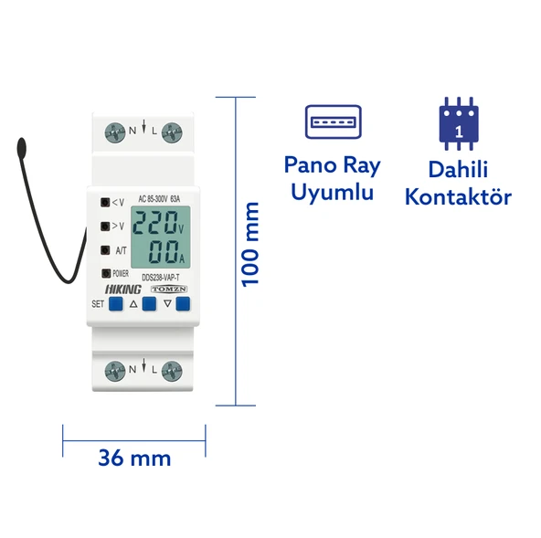 Tomzn Hiking Sıcaklık Korumalı Voltaj ve Akım Koruma Rölesi 63A Dahili Kontaktör Elektrik Bekçisi - Resim 2