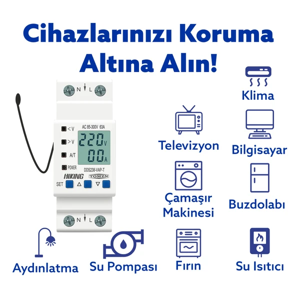 Tomzn Hiking Sıcaklık Korumalı Voltaj ve Akım Koruma Rölesi 63A Dahili Kontaktör Elektrik Bekçisi - Resim 3