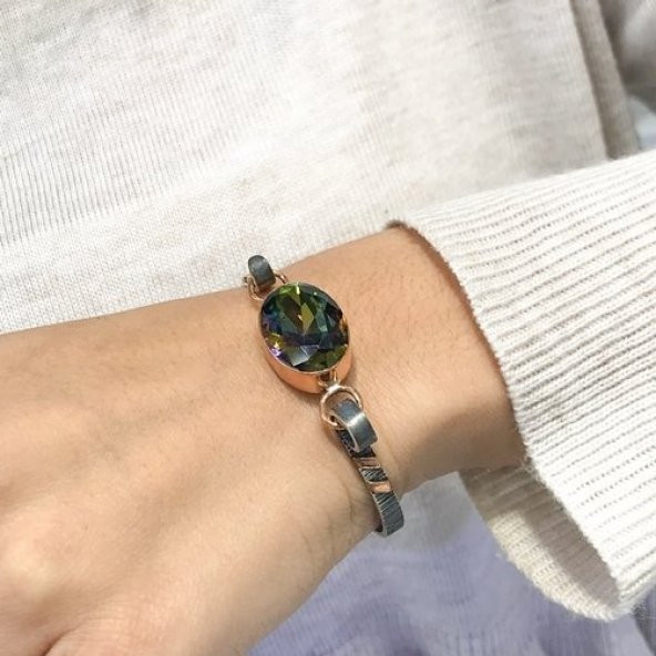 Oval Mistik Topaz El Üretim Otantik Gümüş Bilezik Bileklik - 4