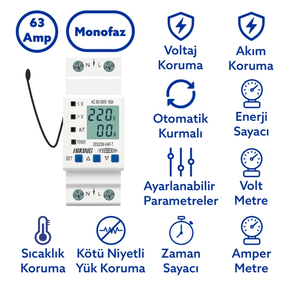 Tomzn Hiking Sıcaklık Korumalı Voltaj ve Akım Koruma Rölesi 63A Dahili Kontaktör Elektrik Bekçisi ürün görseli 1
