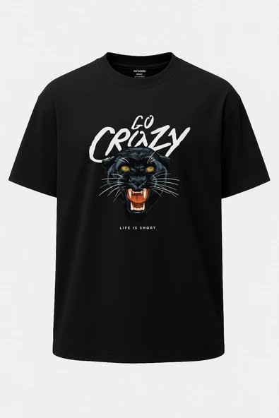 Oversize Go Crazy Kara Panter Pars Baskılı Unisex Siyah Tişört