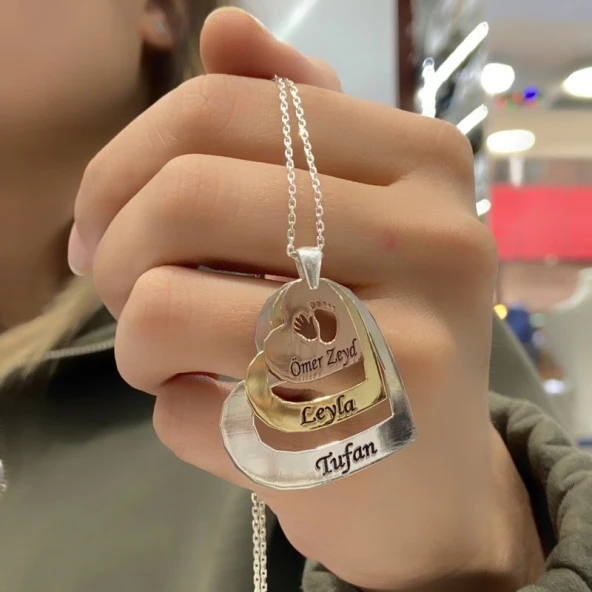 Anne Baba Çocuk İsimli Kalp Aile Kolyesi Gümüş Kolye ürün görseli