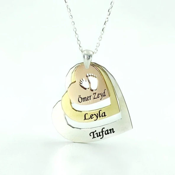 Anne Baba Çocuk İsimli Kalp Aile Kolyesi Gümüş Kolye - Resim 3