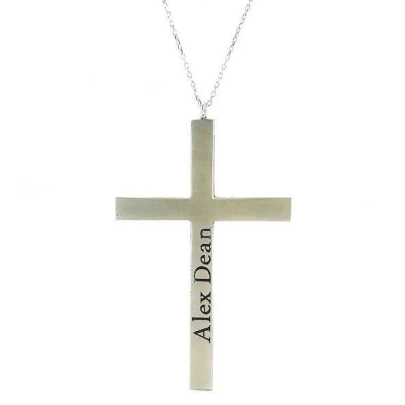 İsimli İsim Yazılı Büyük Boy Haç Cross Gümüş Kolye - Resim 3