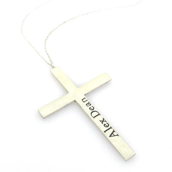 İsimli İsim Yazılı Büyük Boy Haç Cross Gümüş Kolye - Resim 5
