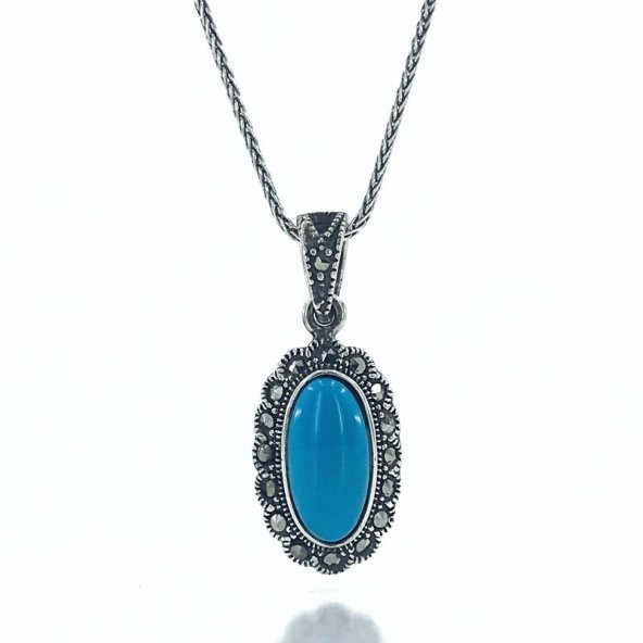 Oval Kesim Firuze Taşlı Markazit Gümüş Kolye - 1