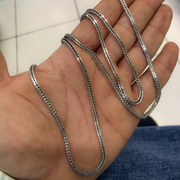 70 cm Tilki Kuyruğu Modeli Köşeli Gümüş Erkek Zinciri Zincir - Resim 4