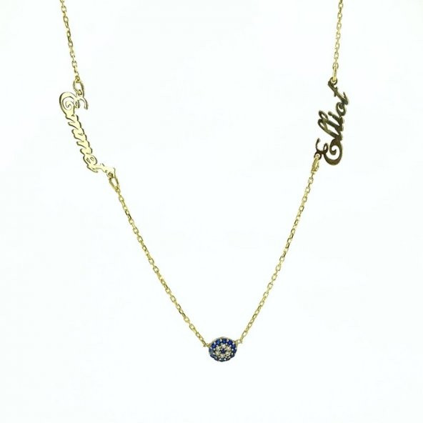 Altın Kaplama İki İsim Ortası Minik Nazar 925 Gümüş Kolye - Resim 2