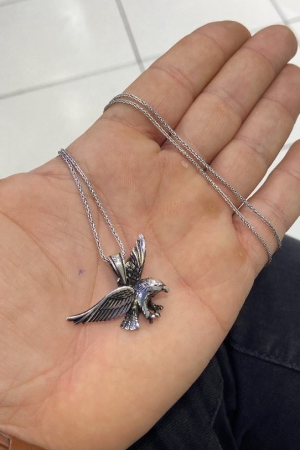 Üç Boyutlu Özel Tasarım Uzun Zincir Kartal Gümüş Kolye - 3
