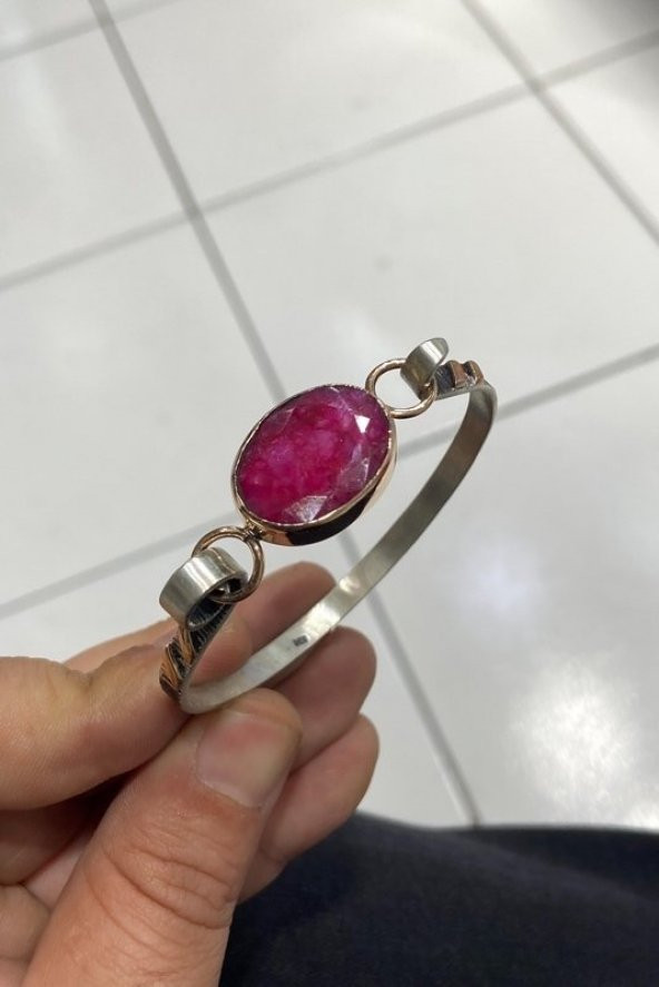 Doğal Has Taş Yakut El Üretim Otantik Gümüş Bilezik - 4