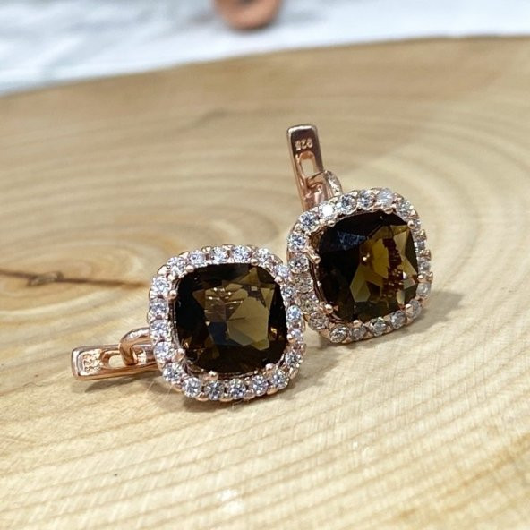 Pırlanta İşçilik Baget Smoky Quartz Taş Gümüş Küpe - 3