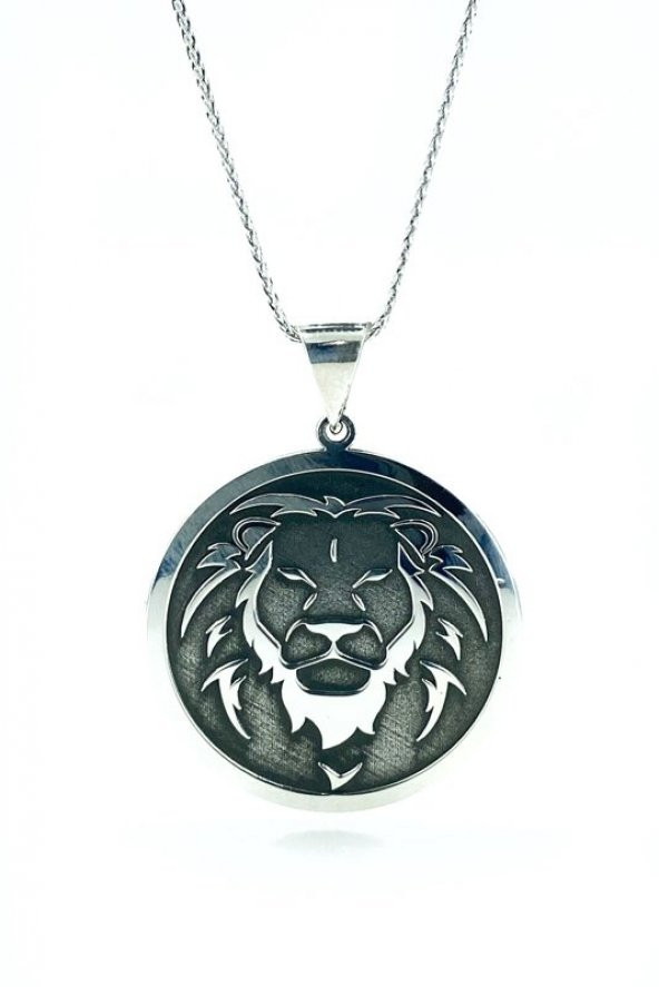 Aslan Başlı Büyük Madalyon 60 cm Uzun Zincirli 925 Gümüş Kolye - 2