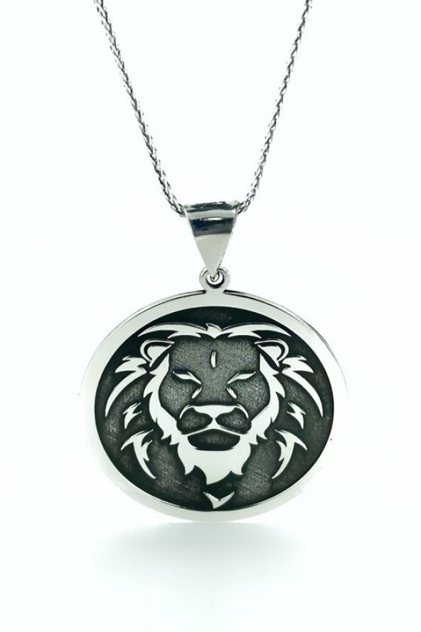 Aslan Başlı Büyük Madalyon 60 cm Uzun Zincirli 925 Gümüş Kolye - 3