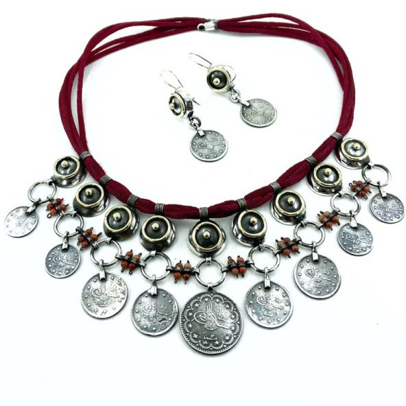 Osmanlı Gümüş Parası El Üretim Gerdanlık Küpe Gümüş Set - 2
