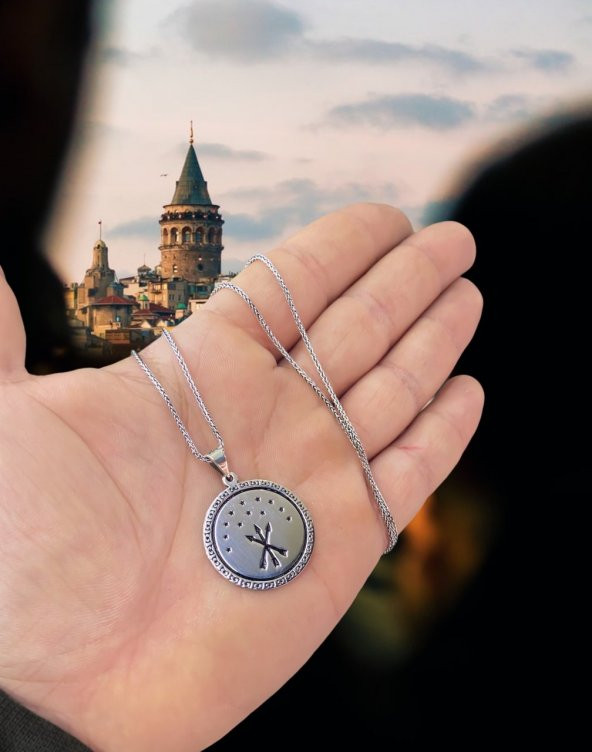 Çerkes Bayrağı Uzun 60 cm Zincir Gümüş Kolye - 2