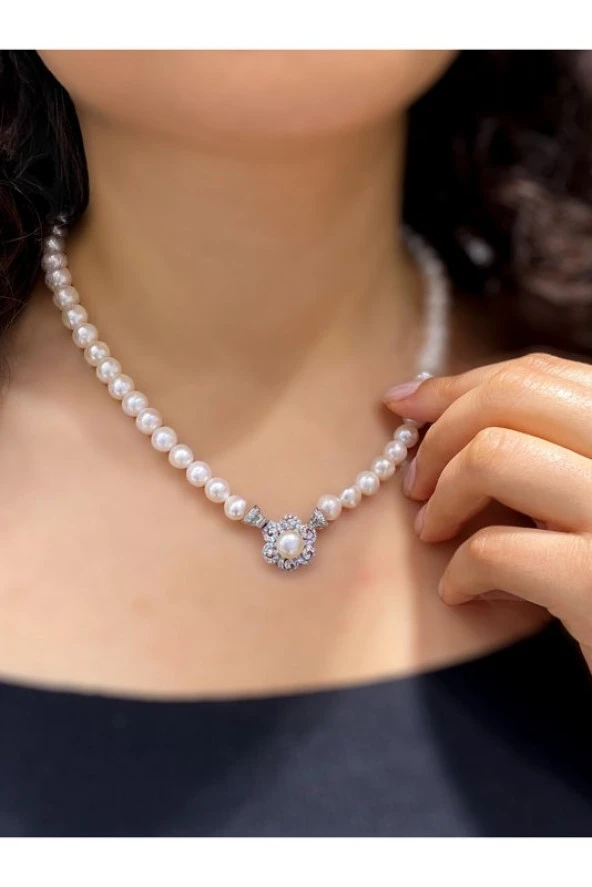 Altın Modeli İnci Kolye Küpe Set 925 Gümüş Takım - 3