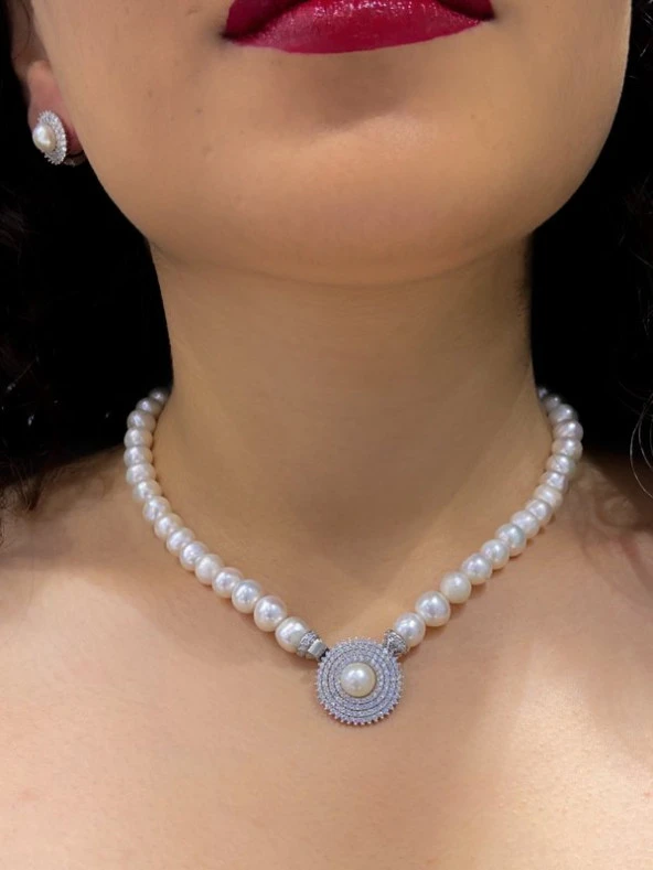 Altın Modeli Düz Şık İnci Kolye Küpe 925 Gümüş Set - 2