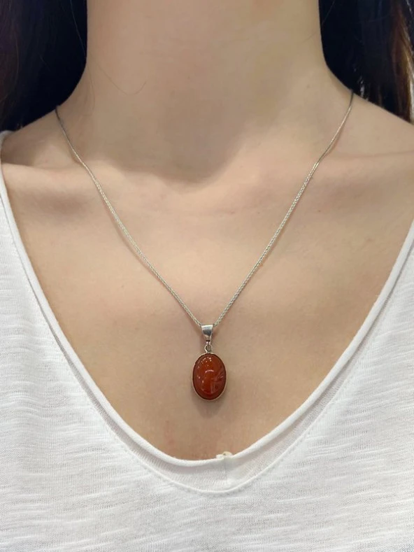 Doğal Akik Taşlı Sıvama El Üretim Otantik 925 Gümüş Kolye - Resim 2