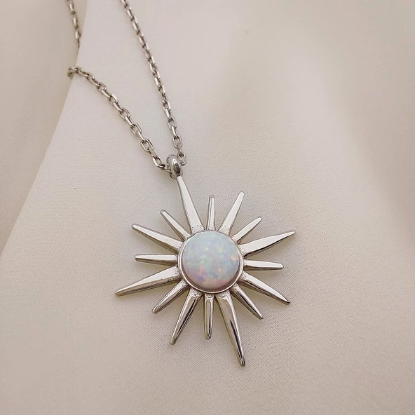 925 Ayar Gümüş Beyaz Opal Taşlı Kutup Yıldızı Kolye - Resim 5