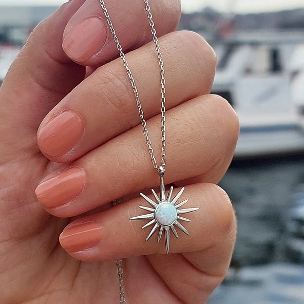 925 Ayar Gümüş Beyaz Opal Taşlı Kutup Yıldızı Kolye - Resim 2