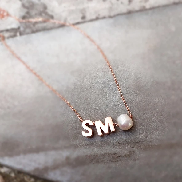 925 Ayar Gümüş Minimal İki Harfli İnci Kolye - Resim 2