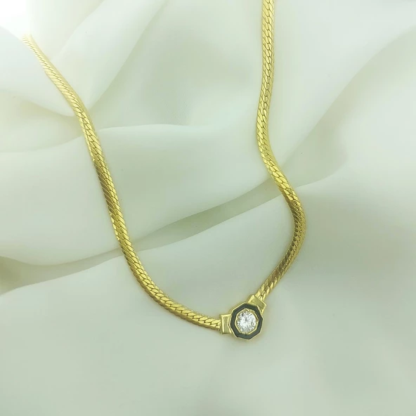 925 Ayar Gümüş Tek Taş Ve Mineli Balık Sırtı Zincirli Serenay Kolye - Resim 4