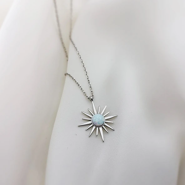 925 Ayar Gümüş Beyaz Opal Taşlı Kutup Yıldızı Kolye - Resim 8