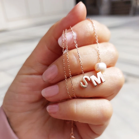 925 Ayar Gümüş Minimal İki Harfli İnci Kolye - Resim 5