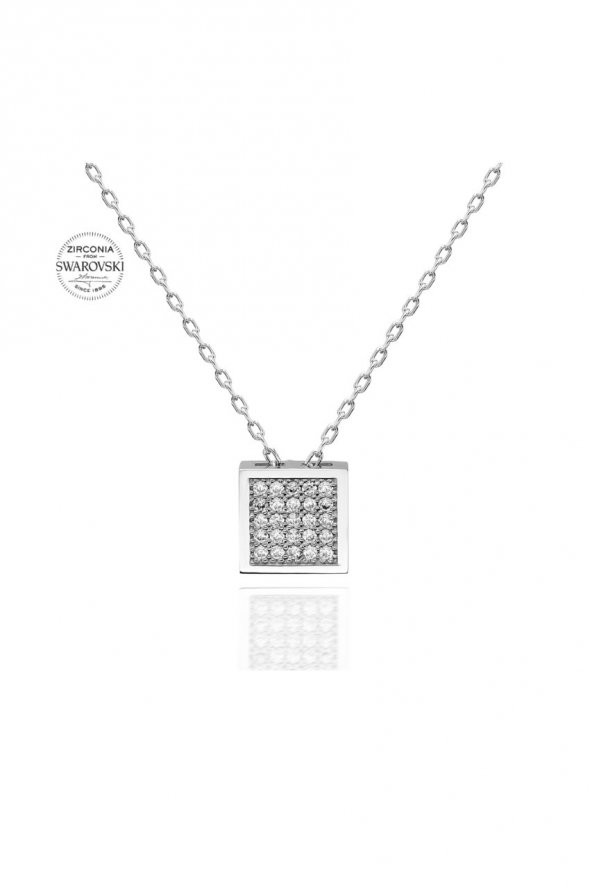 Sertifikalı Swarovski Taşlı Kare 925 Gümüş Kolye - 2