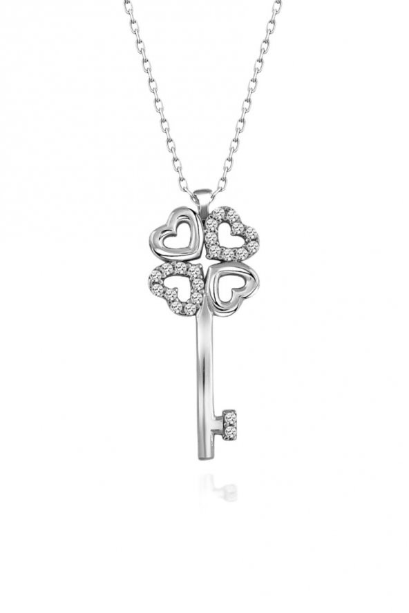 Sertifikalı Swarovski Taş Yonca Anahtar 925 Gümüş Kolye