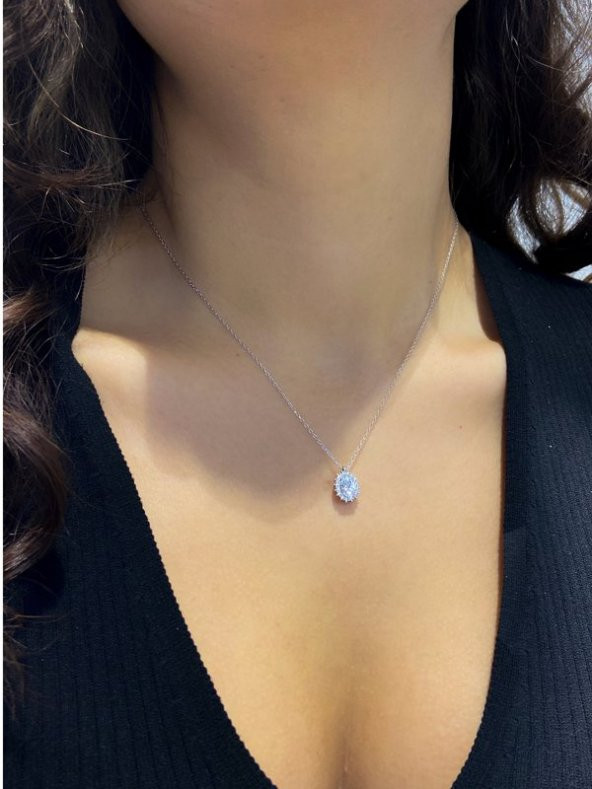 Swarovski Oval Taşlı Sertifikalı 925 Gümüş Kolye - 2