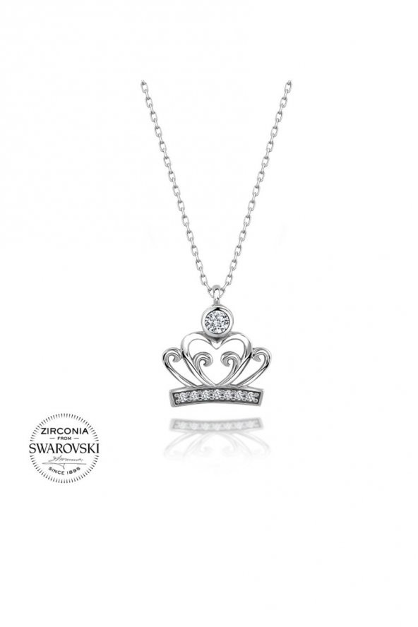 Sertifikalı Swarovski Taşlı Kraliçe Tacı 925 Gümüş Kolye - 2