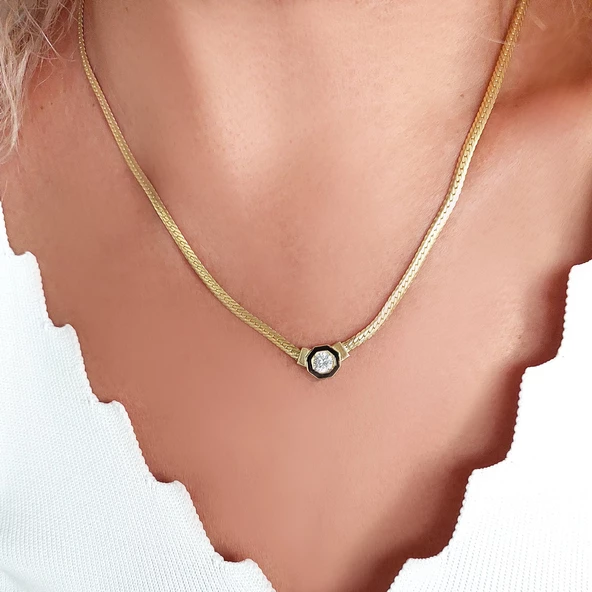 925 Ayar Gümüş Tek Taş Ve Mineli Balık Sırtı Zincirli Serenay Kolye - Resim 3