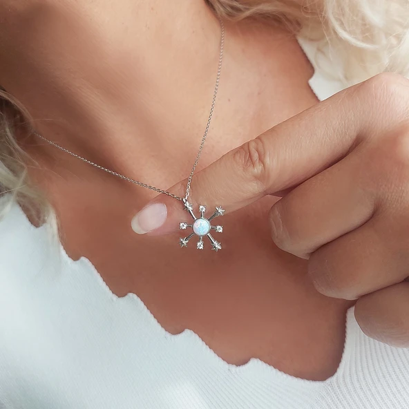 925 Ayar Gümüş Opal Taşlı Kutup Yıldızı Kolye - Resim 2