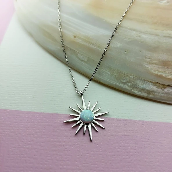 925 Ayar Gümüş Beyaz Opal Taşlı Kutup Yıldızı Kolye - Resim 6