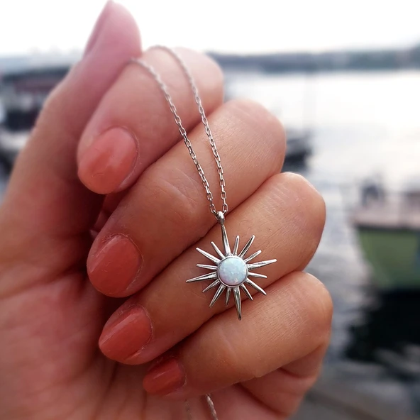 925 Ayar Gümüş Beyaz Opal Taşlı Kutup Yıldızı Kolye - Resim 7